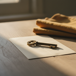 Brass key on cream cardstock