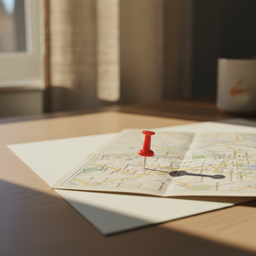 Red enamel pin on a paper map