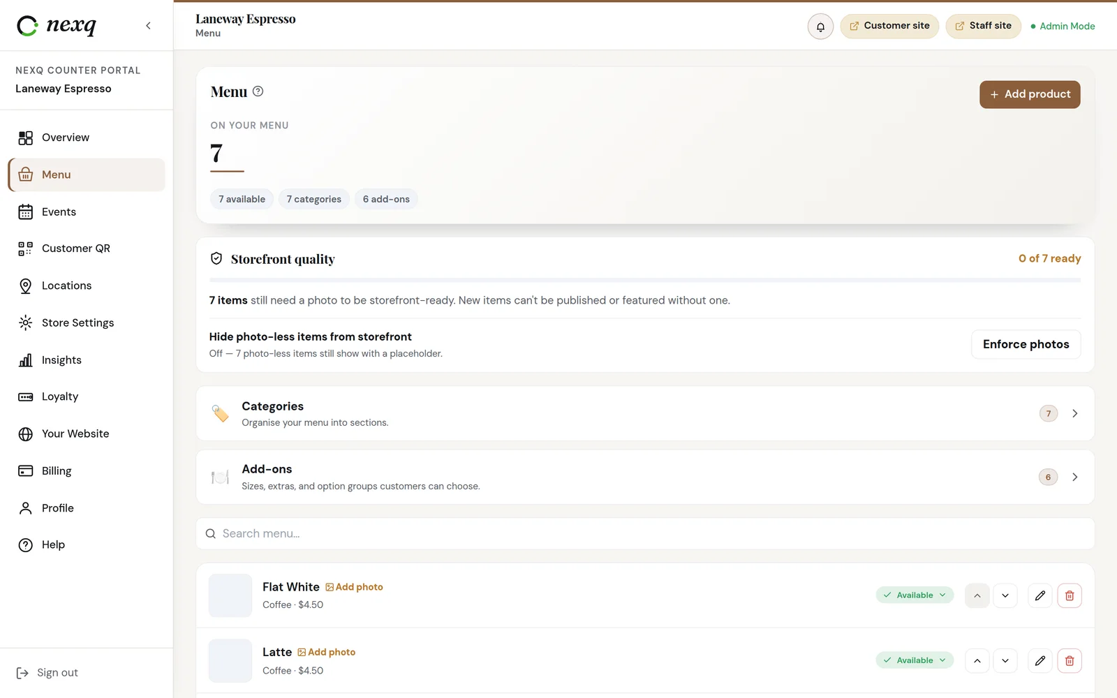 Laneway Espresso menu: items, categories and add-ons