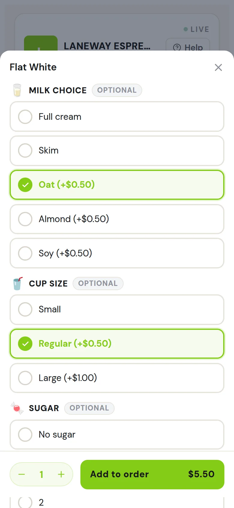 Flat white options: oat milk, regular size