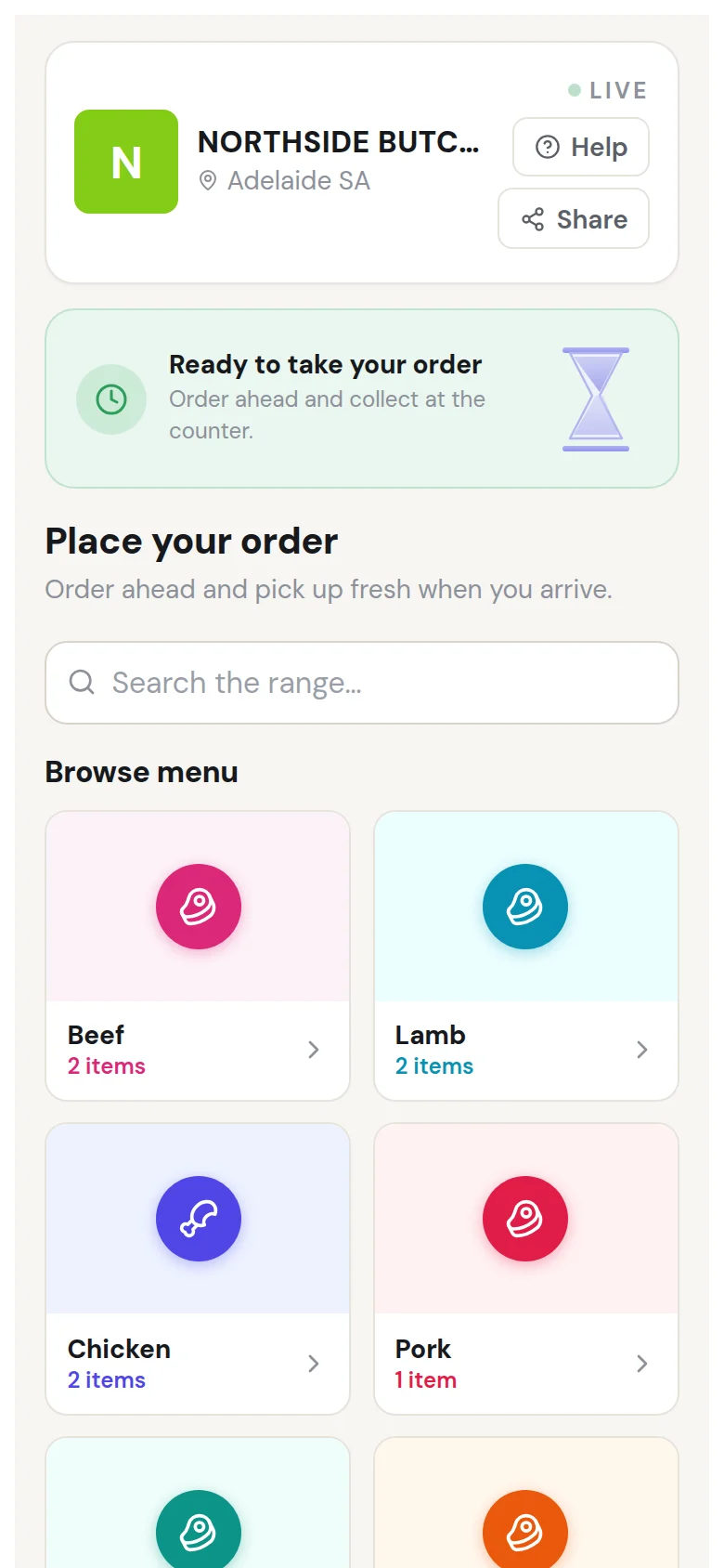 A butcher storefront on a customer's phone (starter menu, demo shop)