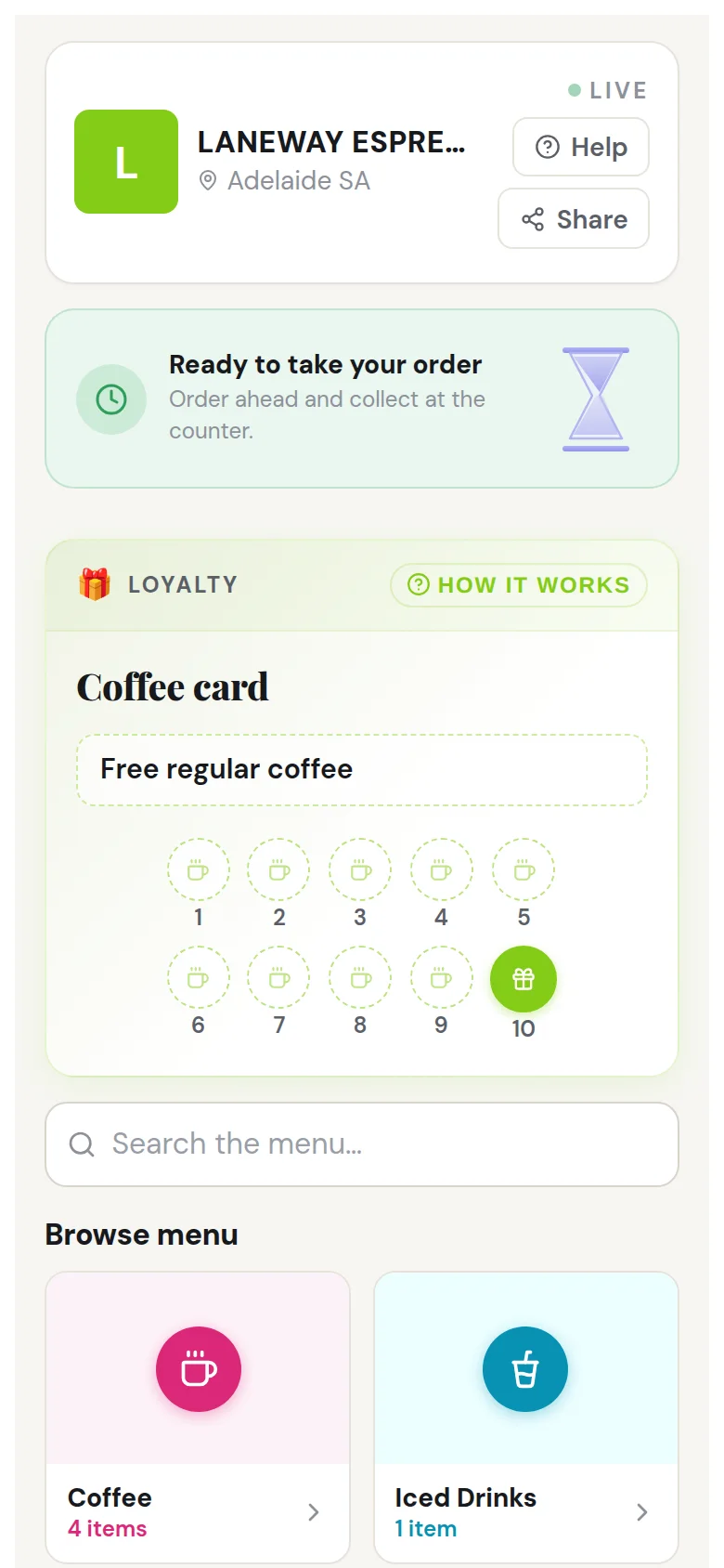 Laneway Espresso storefront on a customer's phone