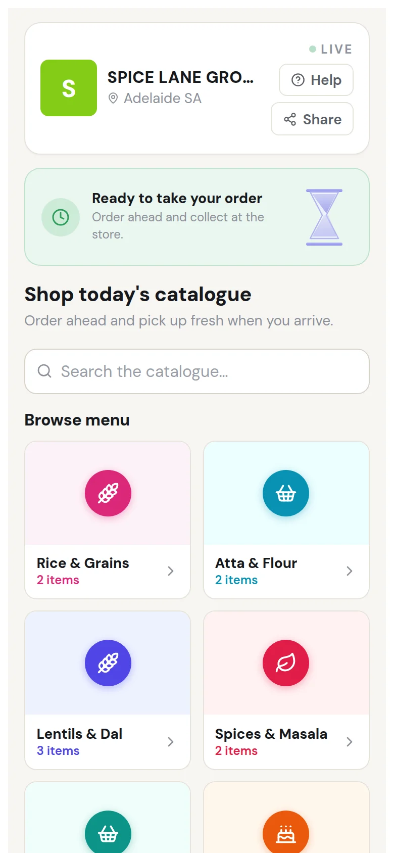 A indian grocery storefront on a customer's phone (starter menu, demo shop)