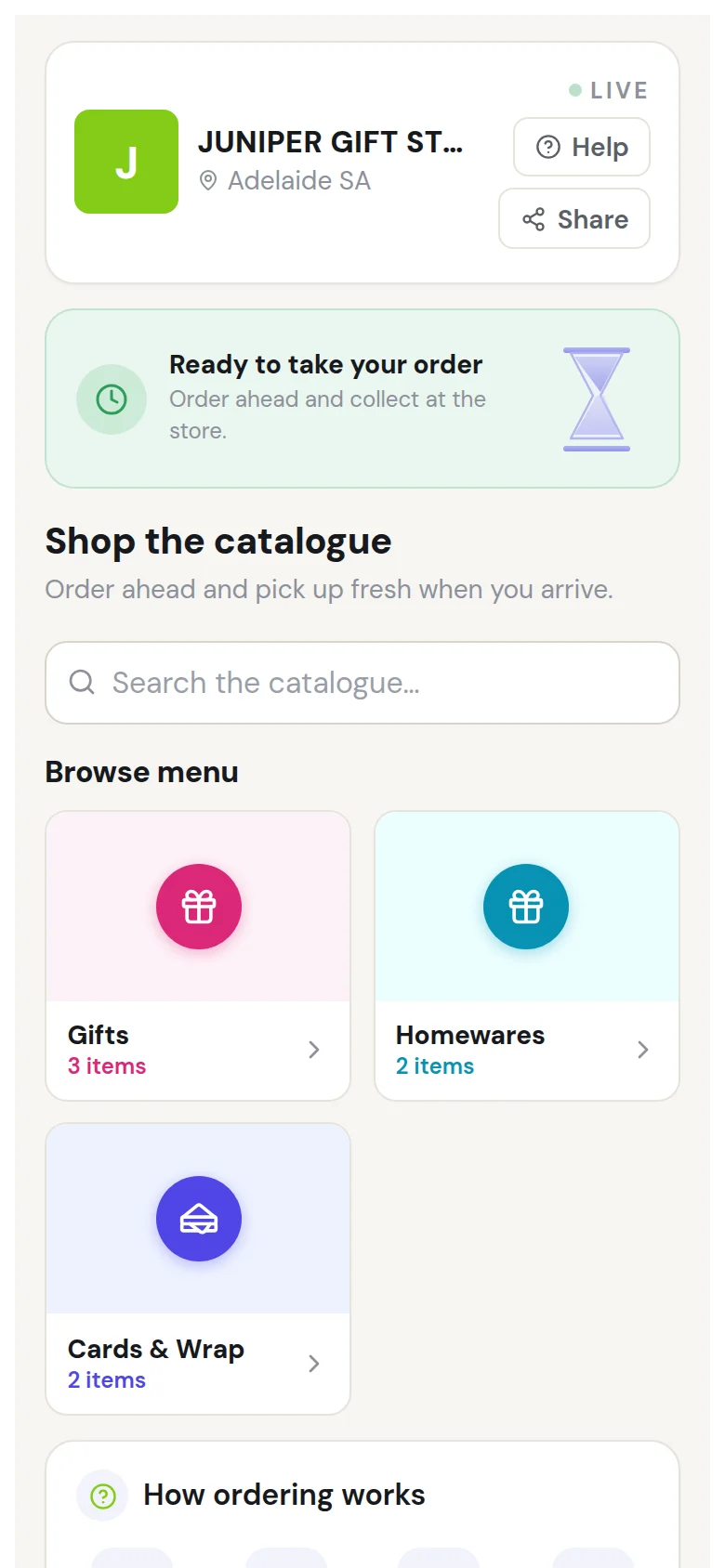 A specialty retail storefront on a customer's phone (starter menu, demo shop)