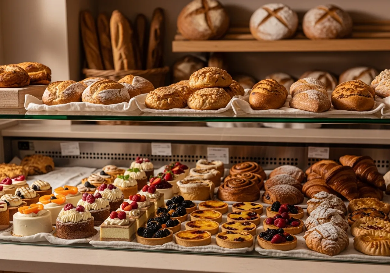 A bakery cabinet filled with the morning bake