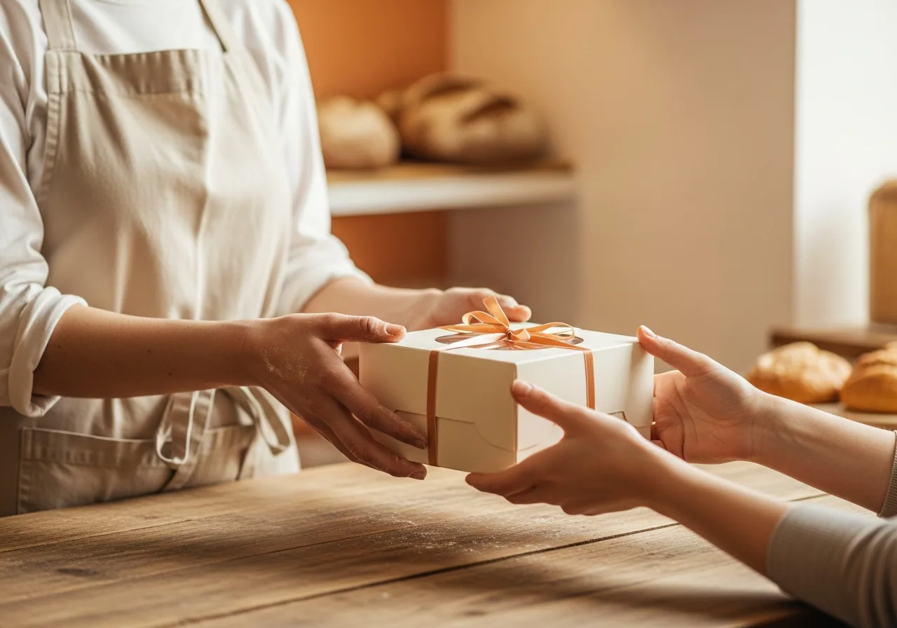 A boxed cake handed across the counter to a regular