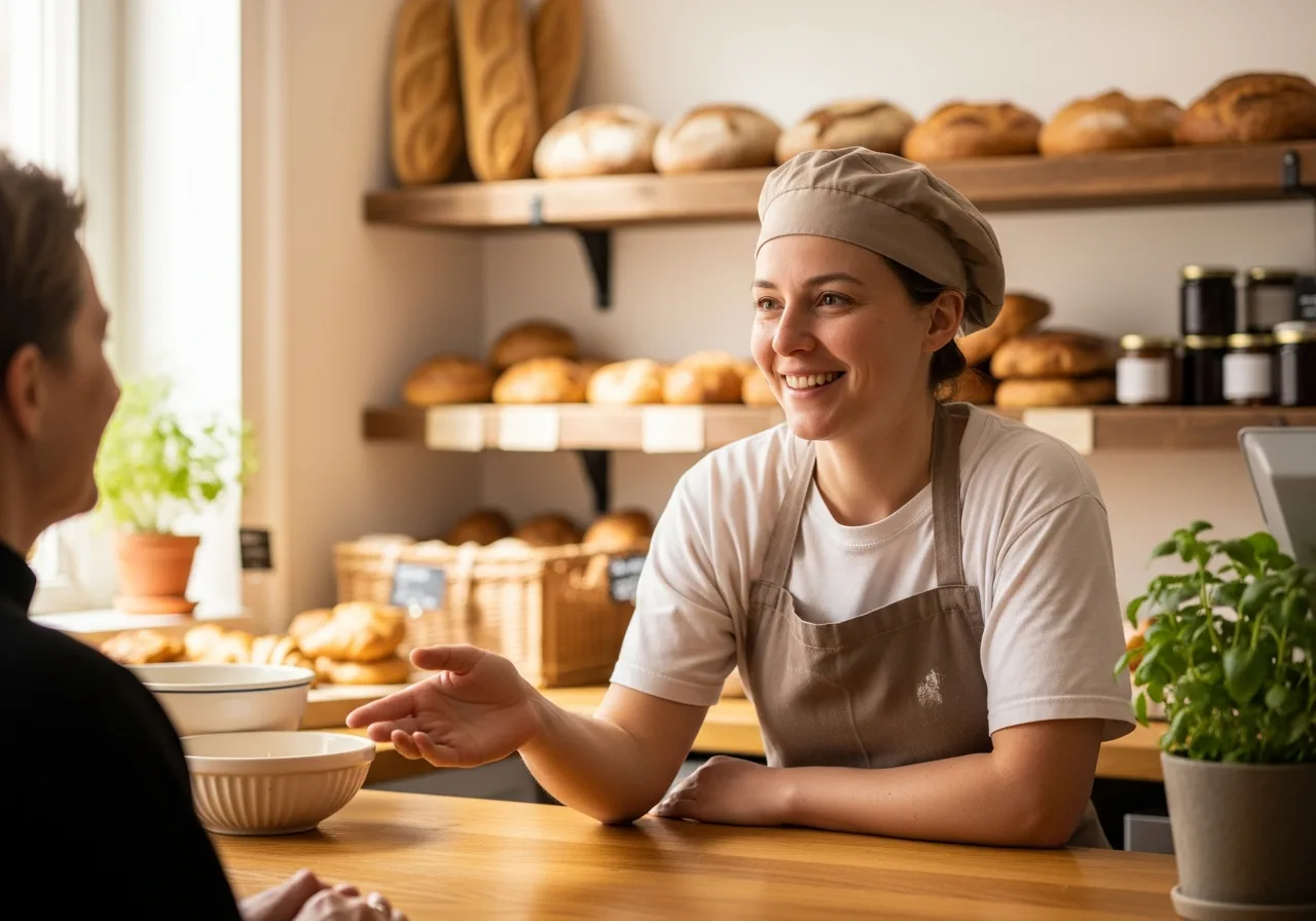 A baker greeting a regular customer across the counter
