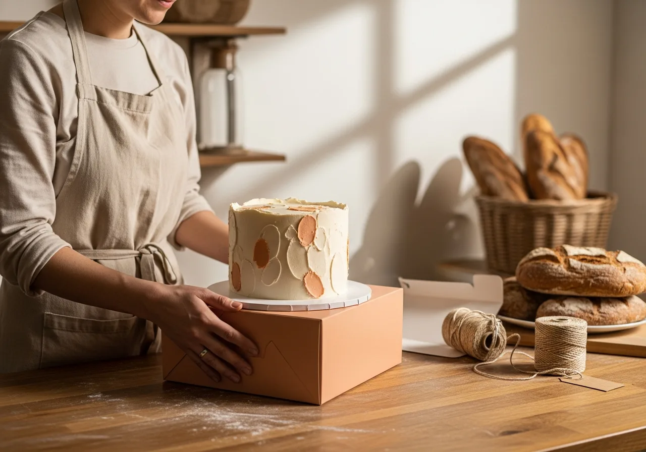 A baker boxing a decorated cake ordered ahead