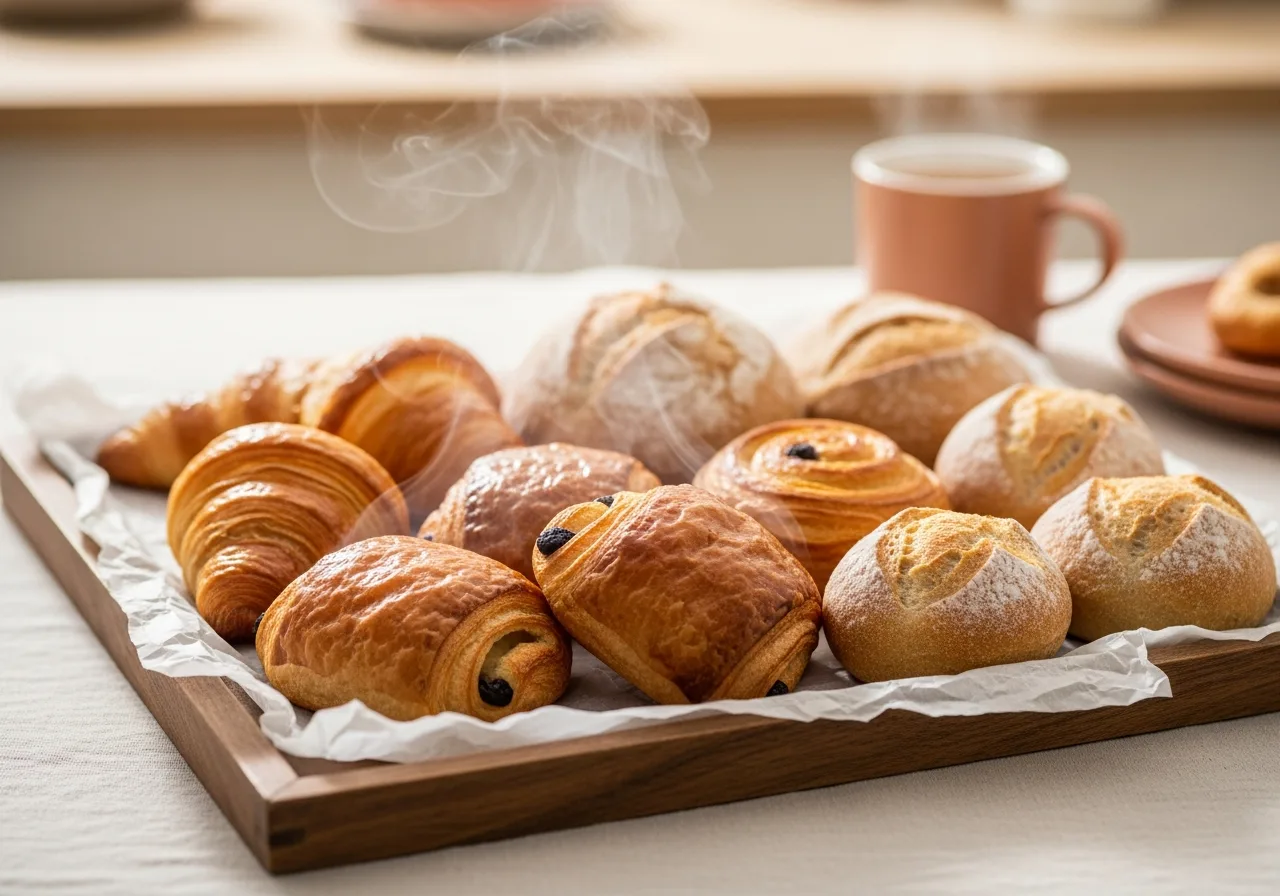A fresh tray of pastries just out, still steaming