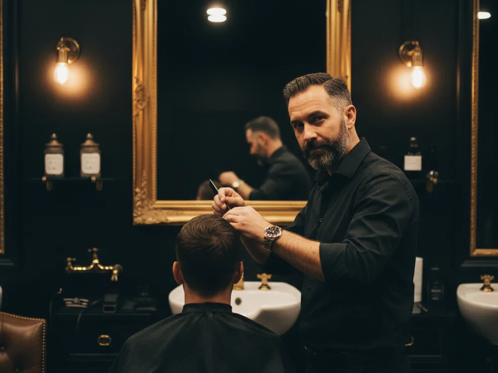 A barber finishing a regular customer at the chair