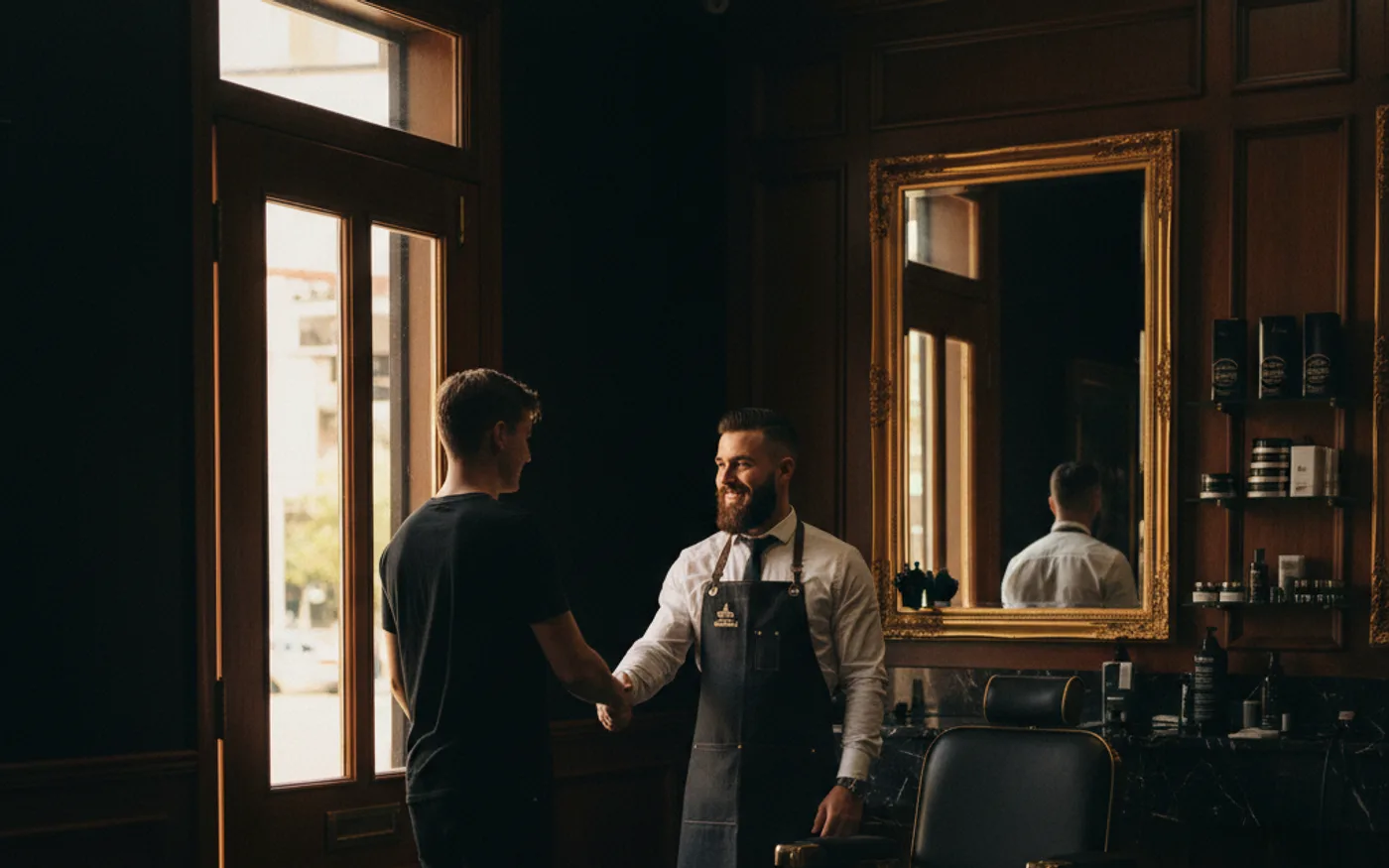 A barber greeting a regular at the door of the shop