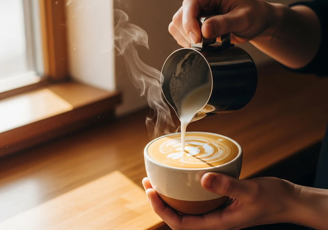 A barista working the bench through a morning rush