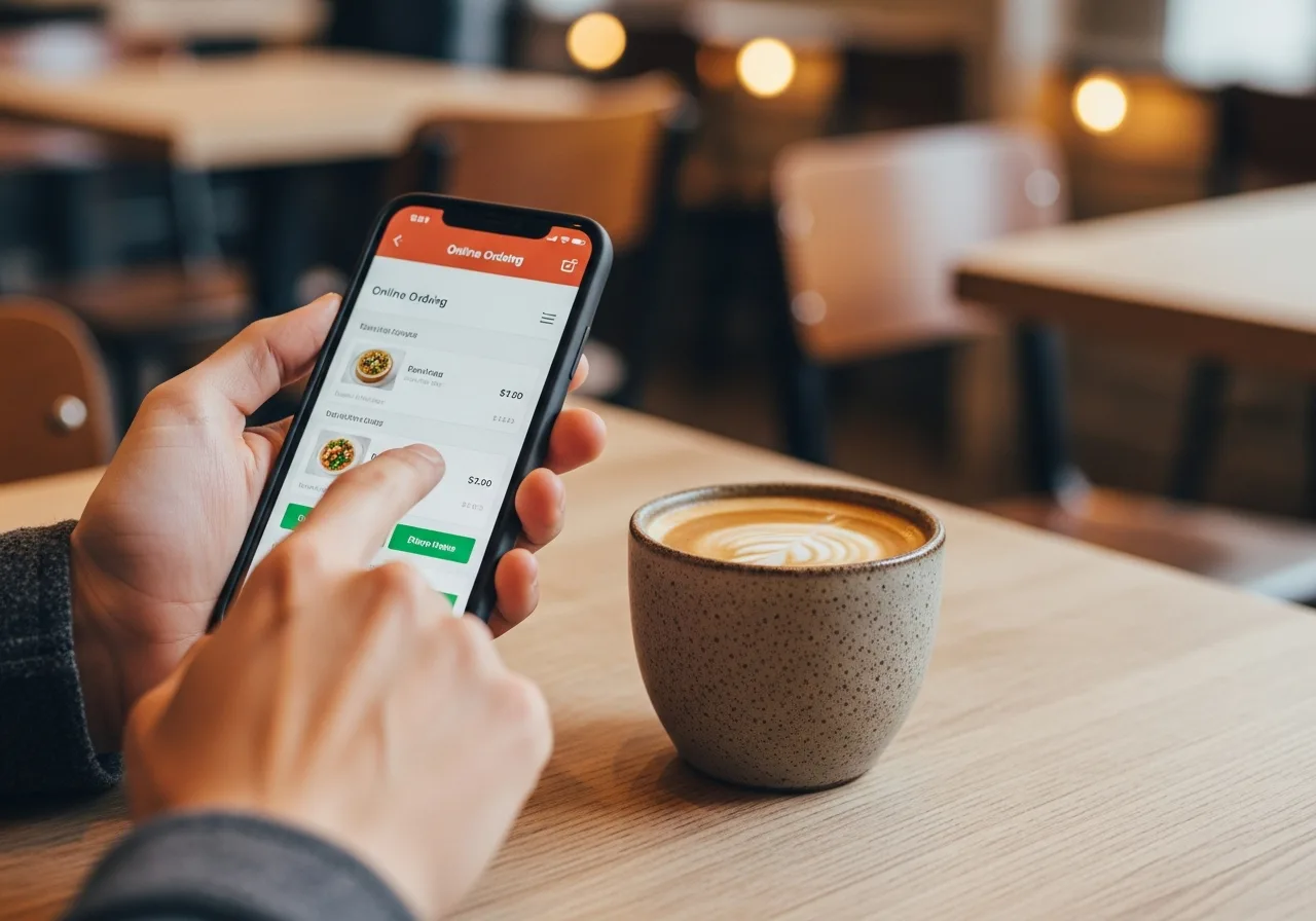 A regular’s phone showing their stamp card next to their coffee
