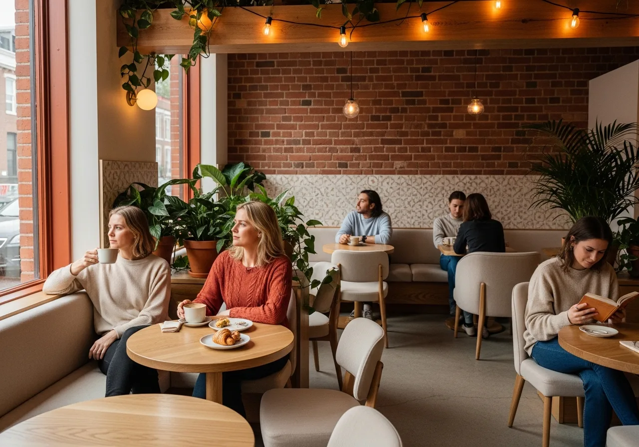 A full café mid-morning, every table seated and no queue at the counter