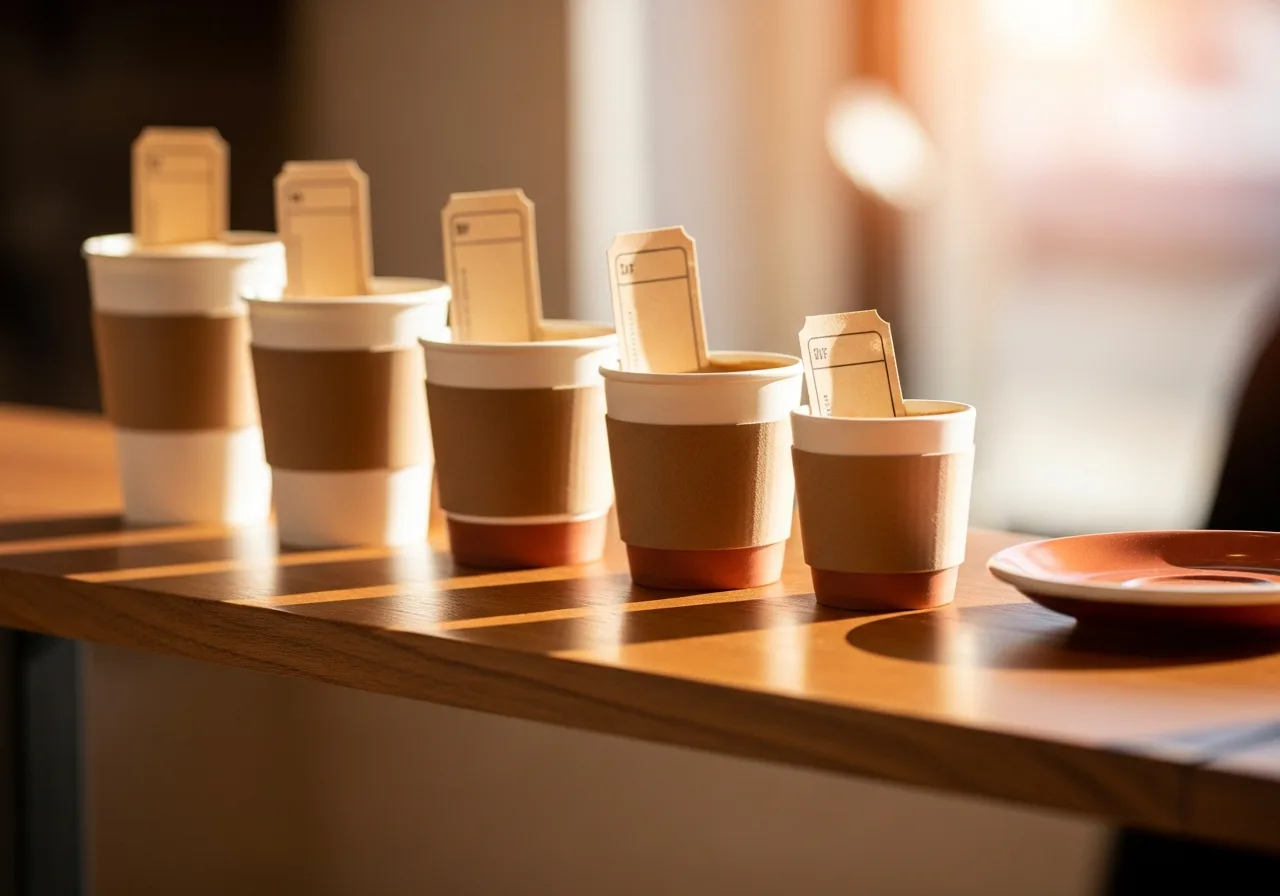 A row of finished takeaway cups tagged and waiting on the collection bench