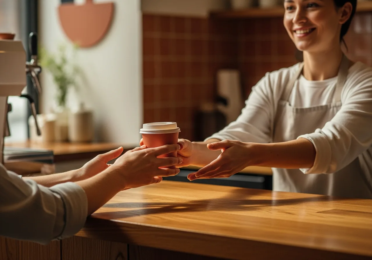 A barista passing a takeaway cup across the counter