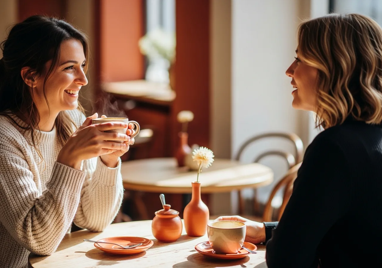 Two regulars talking over coffee at a café table