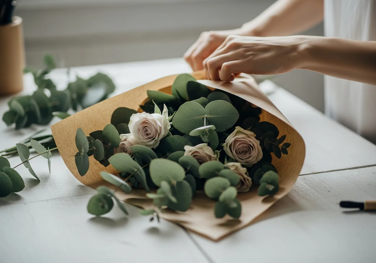 A florist wrapping stems at the bench
