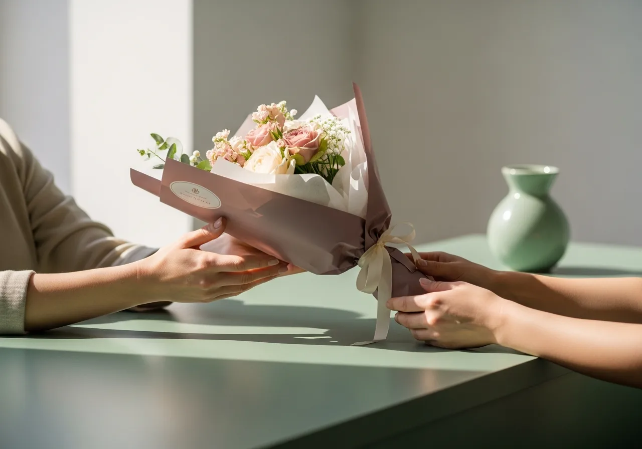 A wrapped bouquet handed over the counter to a returning customer