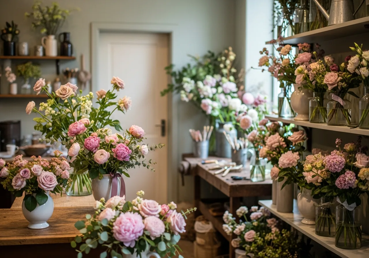 A florist shop filled with made-up arrangements ready for the day