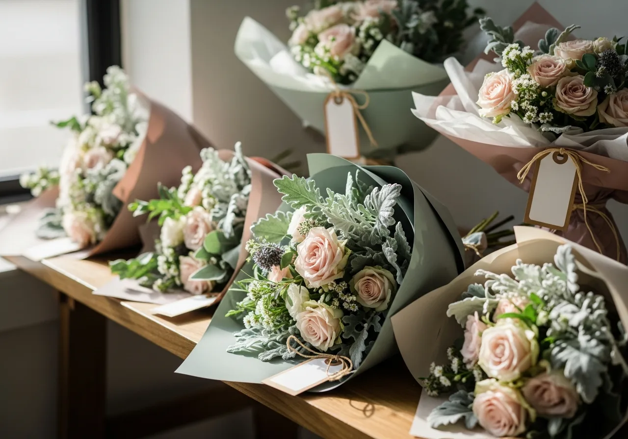 Wrapped bouquets tagged with names, waiting for collection