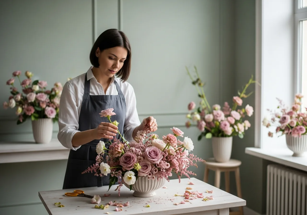 A florist working unhurried at the bench on a busy day