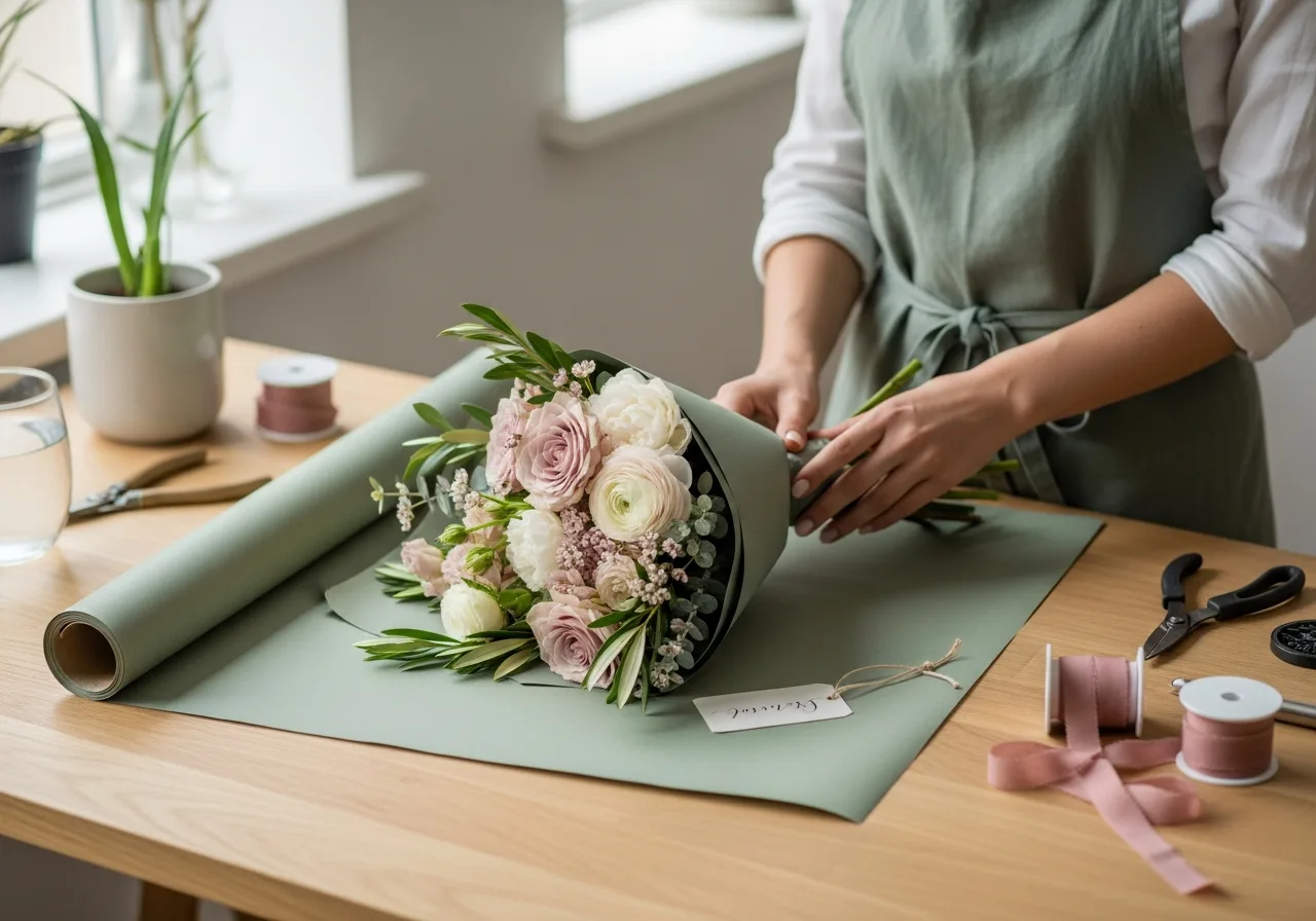 A florist wrapping a bouquet to order