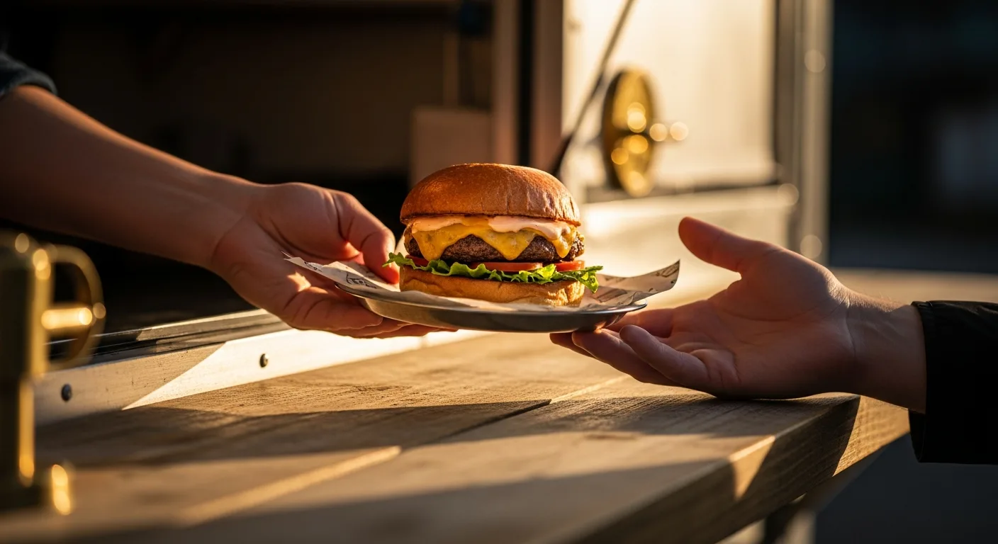 A burger handed across the counter at a food truck window
